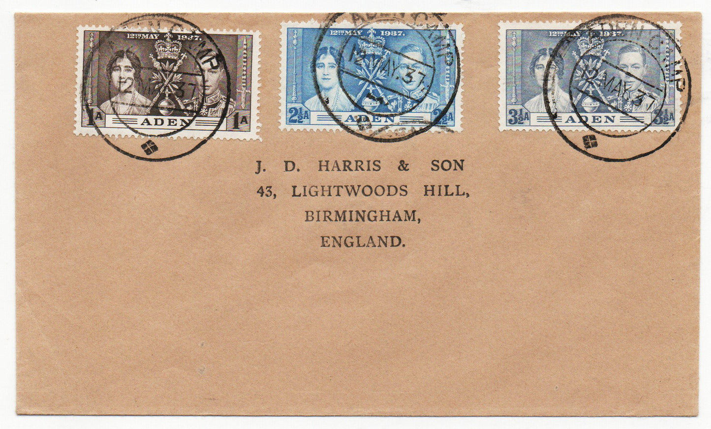 1937 KG6 Aden Cover with FDI cancelled by Forger J D Harris. Details below (RW1210)