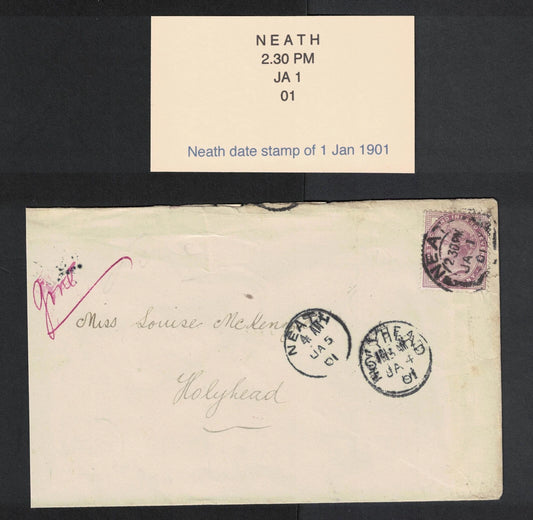 1901 cover bearing 1d Lilac cancelled 1 January 01. First day of century