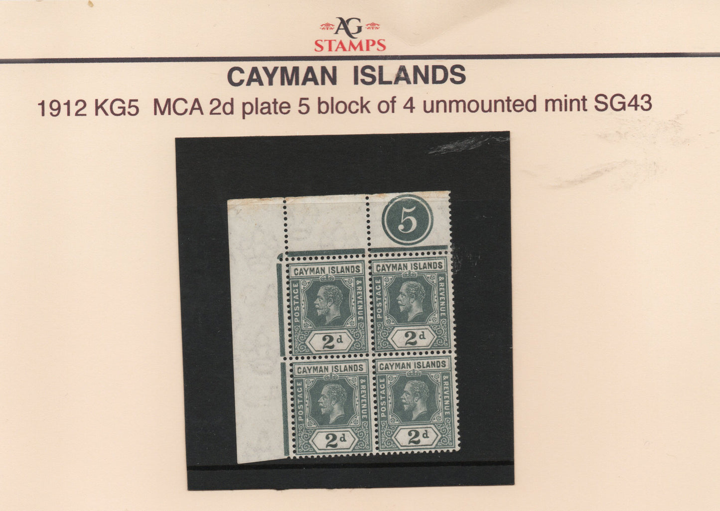 1912 KG5 MCA Cayman Islands Plate 5 Blk of 4 U/M MNH SG43