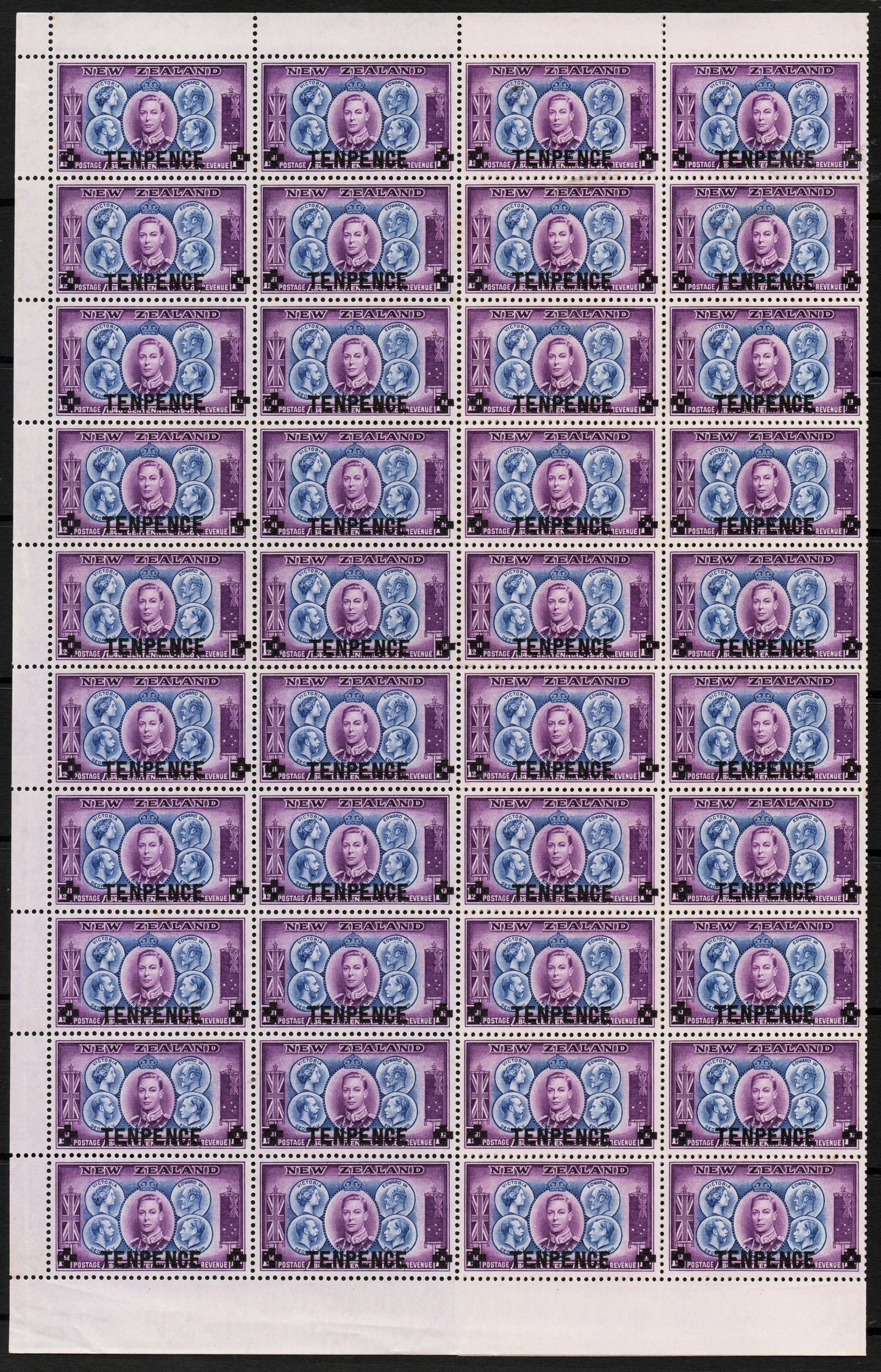1941 New Zealand GEO VI Surcharged 10d on 1½d in half sheet (folded) U/M (1255)