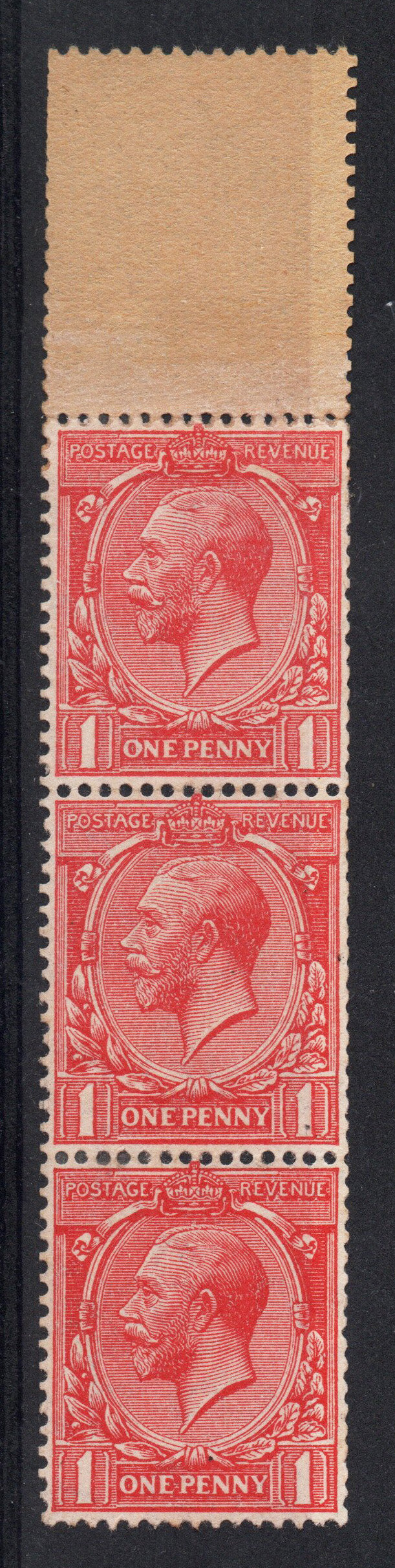 GB KGV SG419 1d Scarlet Block Cypher Coil End. 3 stamps affixed. VLMM (1260)