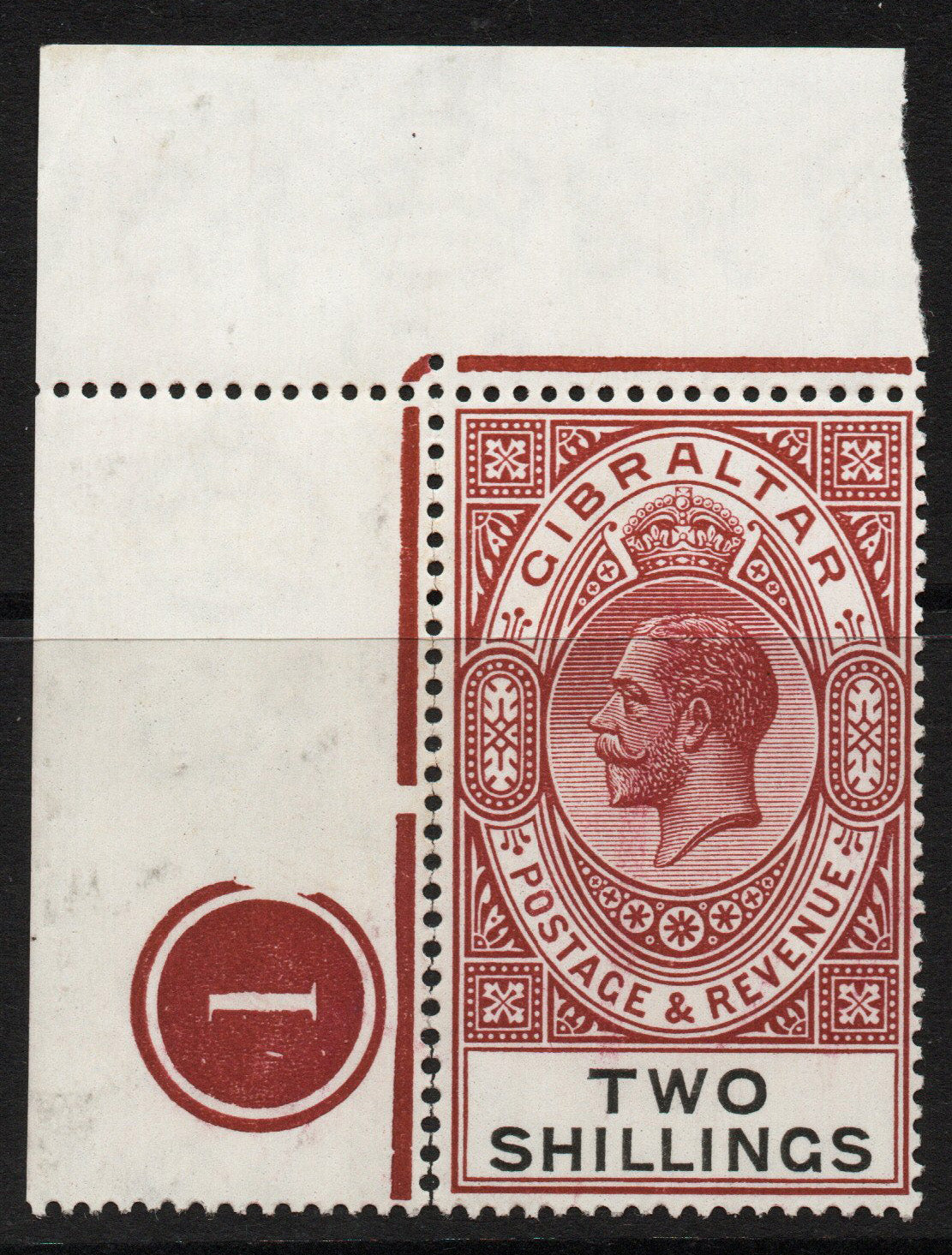 1925-29 Gibraltar SG103, 2/- Brown U/M but 50% Splitting vert perf (1263)