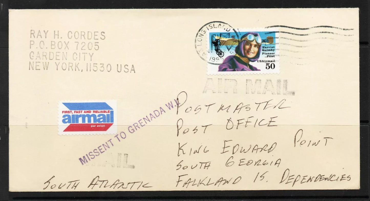 1995 Cover address to South Georgia Falklands Missent to Grenada West Indies
