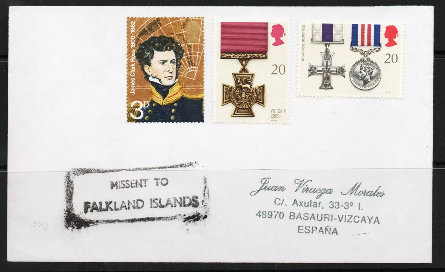 1995 Unfranked Cover addressed to Spain Missent to the Falkland Islands