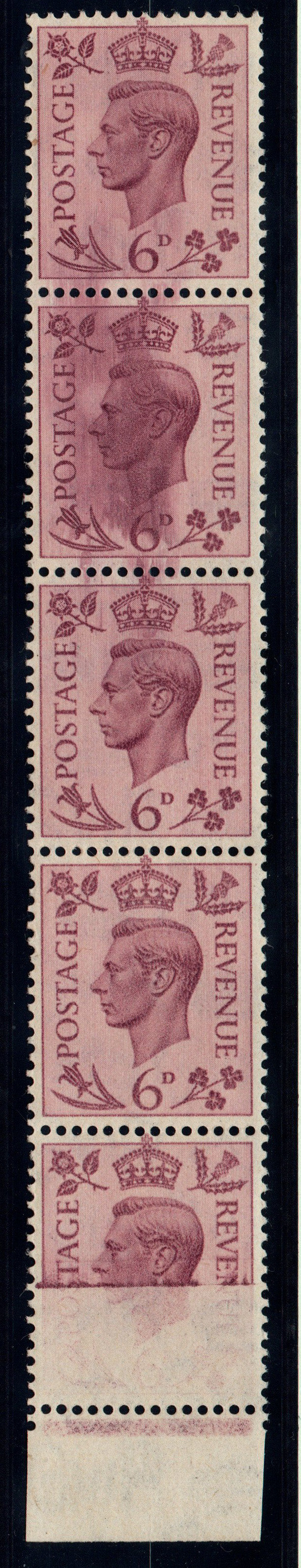 1939 KGVI SG470 6d Purple Strip with 40% of lower stamp missing Error Unmounted Mint