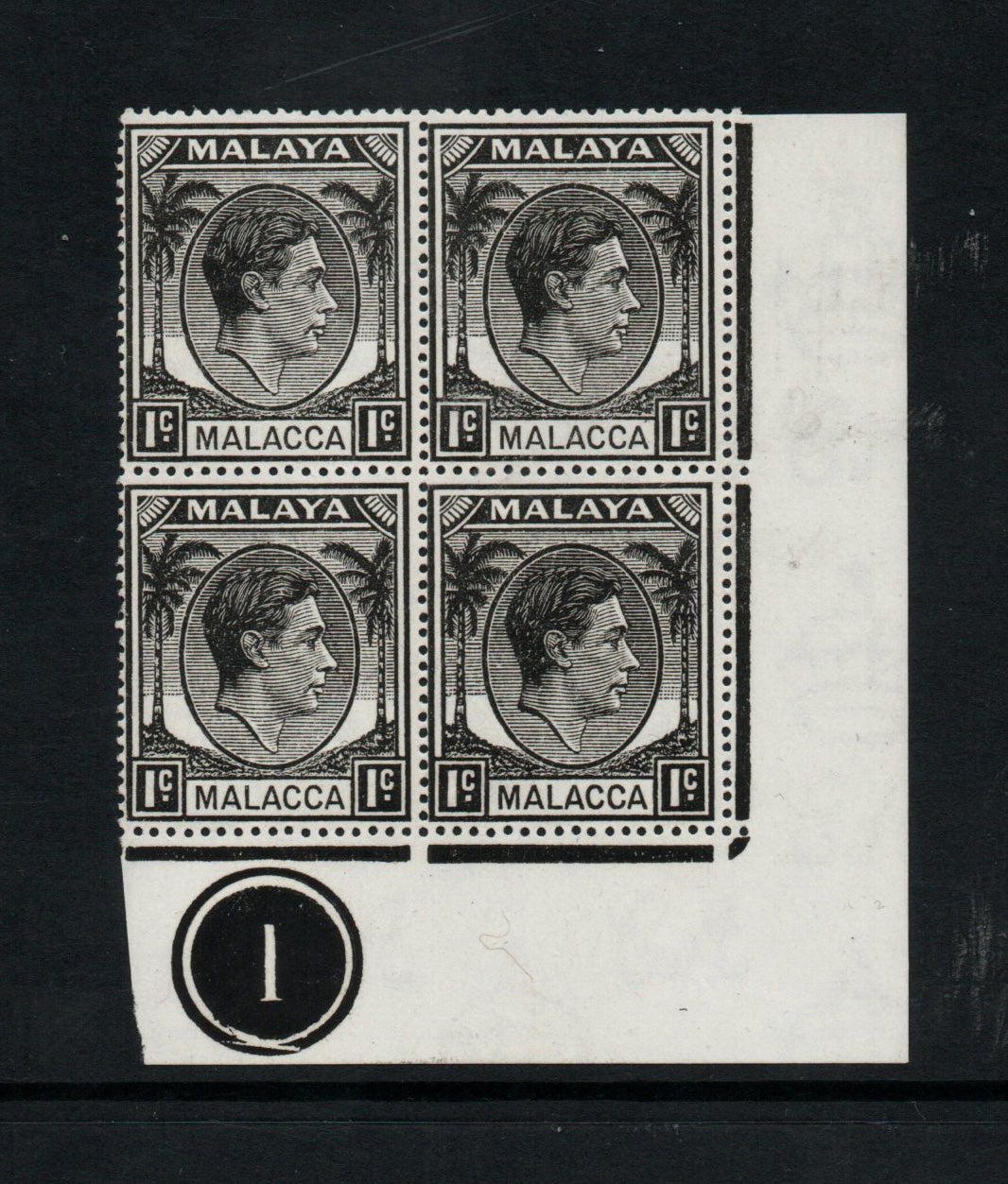1949 KGVI Malaya Malacca Mult Script CA SG3 1c Black Block f 4 from Plate 1 Unmounted Mint