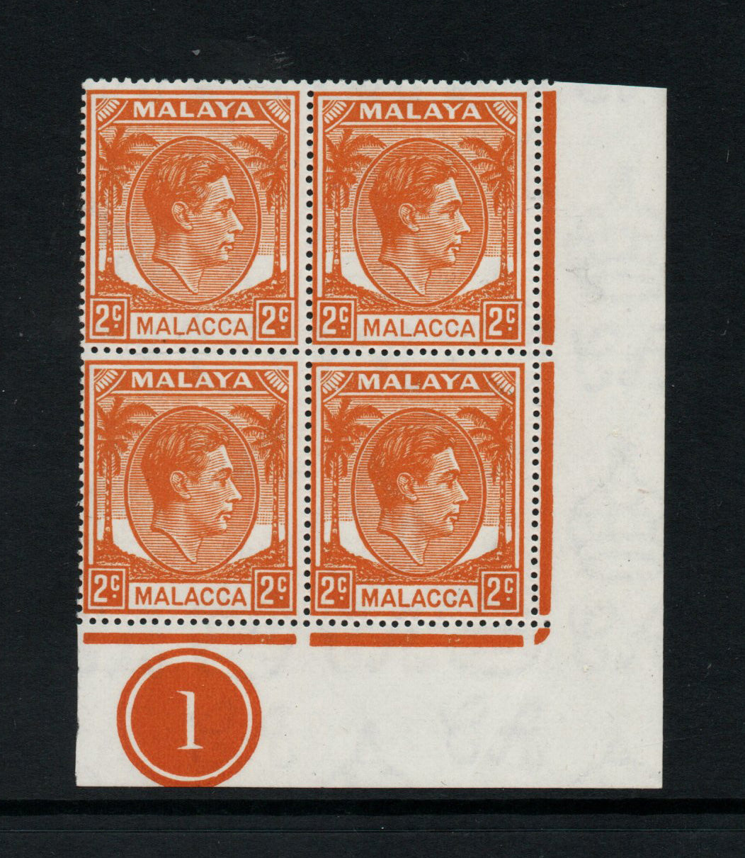 1949 KGVI Malaya Malacca Mult Script CA SG3 1c Black Block of 4 from Plate 1 Unmounted Mint