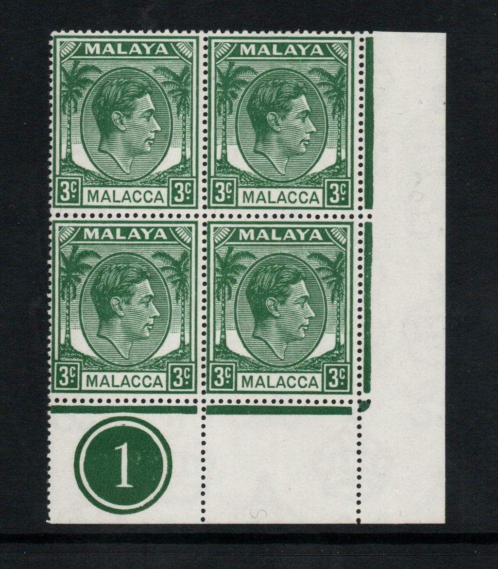 1949 KGVI Malaya Malacca Mult Script CA SG5 3c Green Block of 4 from Plate 1 Unmounted Mint