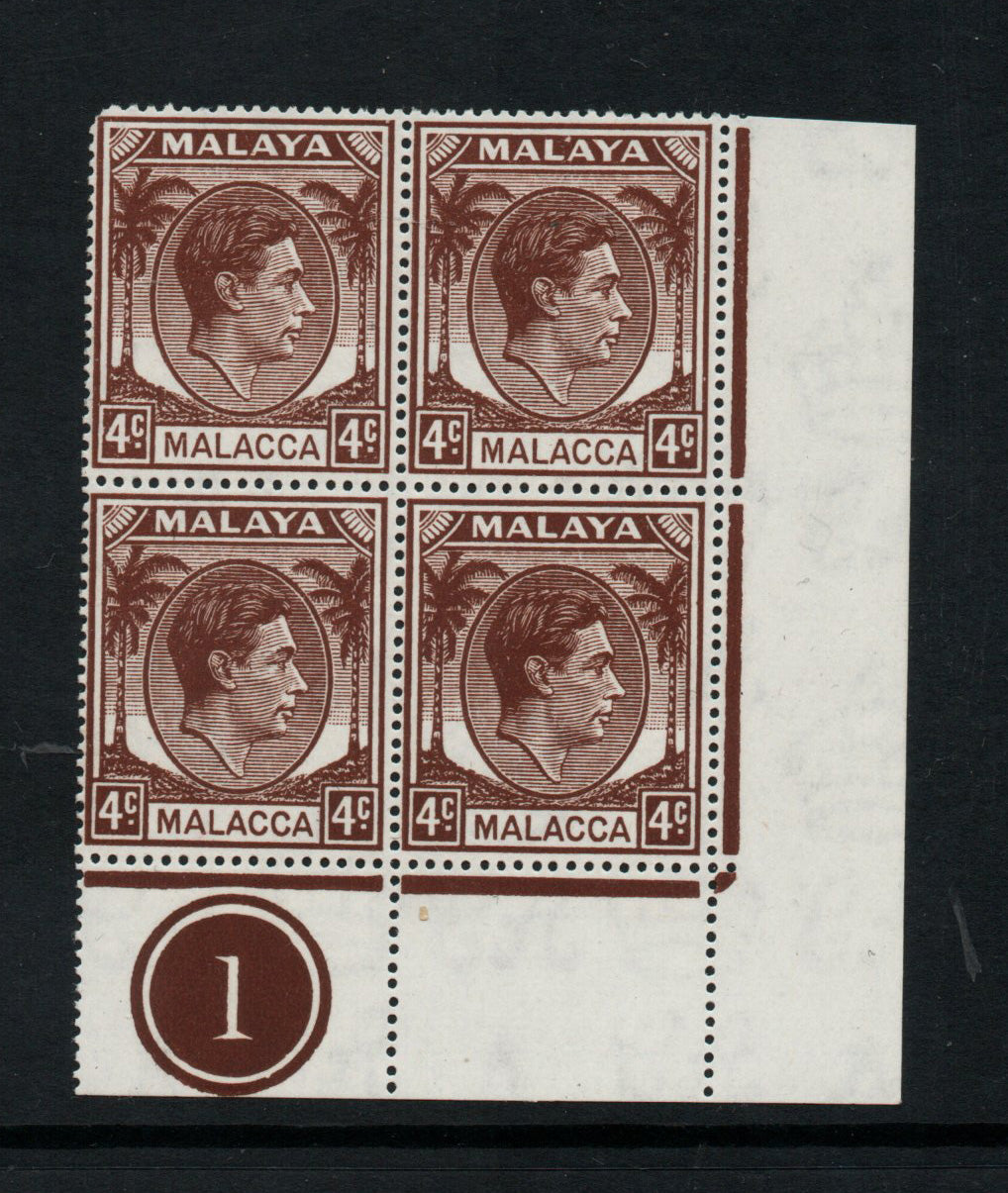 1949 KGVI Malaya Malacca Mult Script CA SG5 4c Brown Block of 4 from Plate 1 Unmounted Mint (1410)