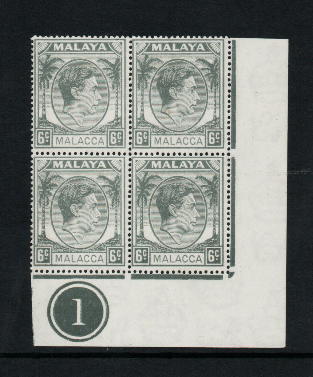 1949 KGVI Malaya Malacca Mult Script CA SG7 6c Grey Block of 4 from Plate 1 Unmounted Mint