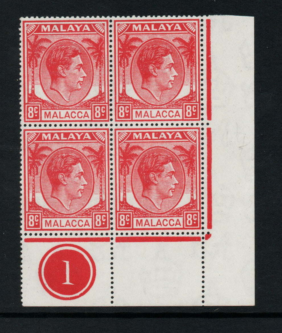 1949 KGVI Malaya Malacca Mult Script CA SG8 8c Red Block of 4 from Plate 1 Unmounted Mint