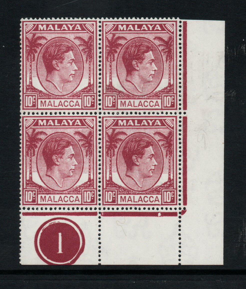 1949 KGVI Malaya Malacca Mult Script CA SG9 10c Purple Block of 4 from Plate 1 Unmounted Mint