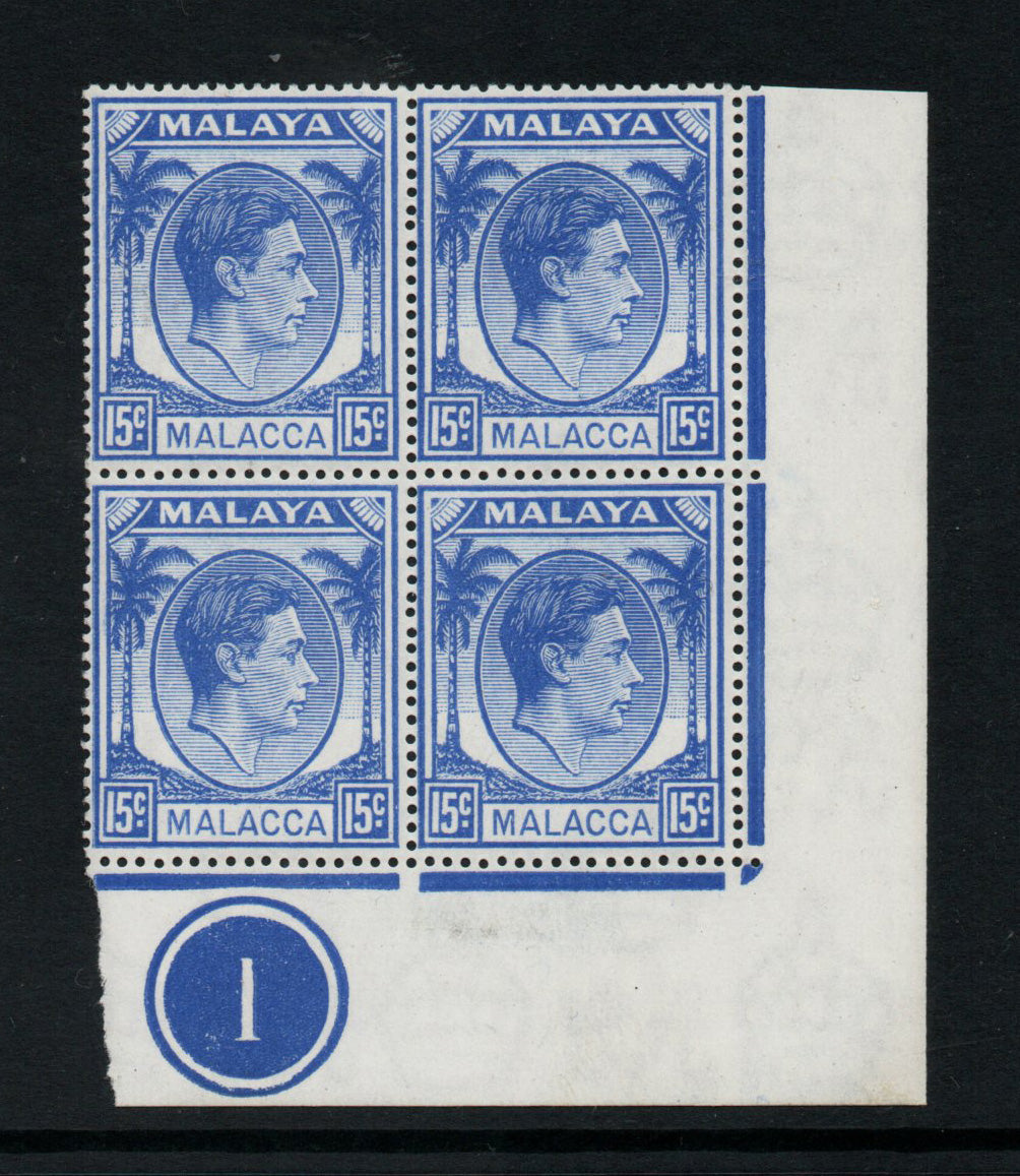 1949 KGVI Malaya Malacca Mult Script CA SG10 15c Blue Block of 4 from Plate 1 Unmounted Mint (1414)