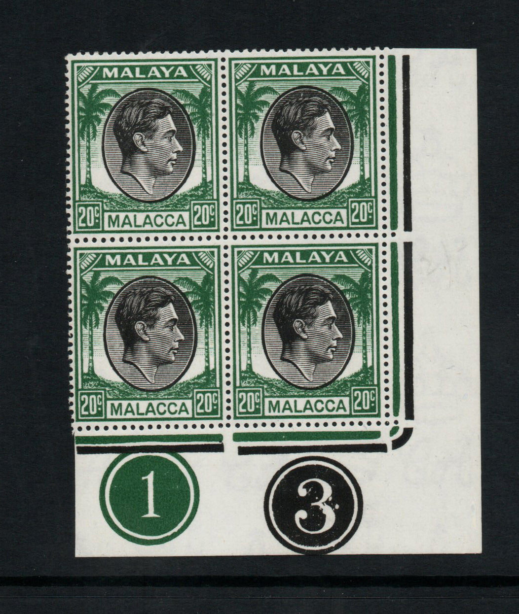 1949 KGVI Malaya Malacca Mult Script CA SG11 20c Green Block of 4 from Plate 1 Unmounted Mint