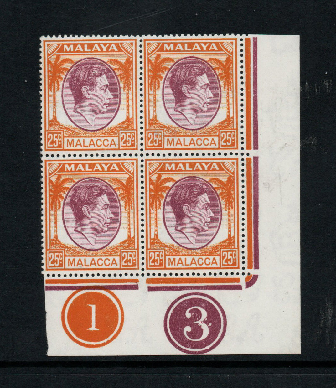 1949 KGVI Malaya Malacca Mult Script CA SG12 25c Purp/Orange Block of 4 from Plates 1 & 3 Unmounted Mint