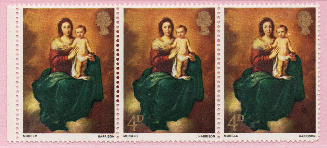 GB 1967 Christmas SG757 4d Marginal strip of 3 with value omitted only on Stamp 1 U/M.
