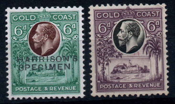 1928 Gold Coast 6d perforated Printers Sample Proof in Chocolate Overprinted Harrisons Specimen (1506)