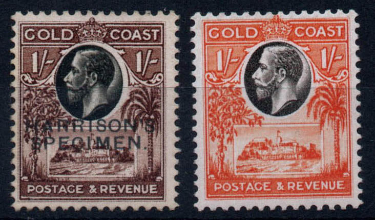 1928 Gold Coast 6d perforated Printers Sample Proof in Black and Chocolate Overprinted Harrisons Specimen with issued stamp. MNG