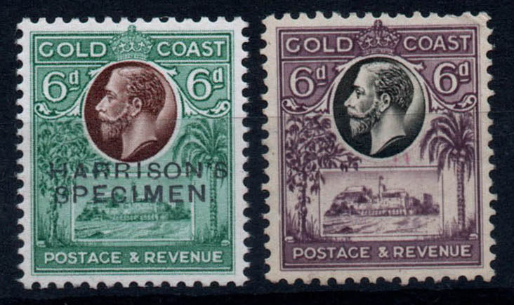 1928 Gold Coast 6d perforated Printers Sample Proof in Chocolate and Blue Green Overprinted Harrisons Specimen. Unmounted Mint