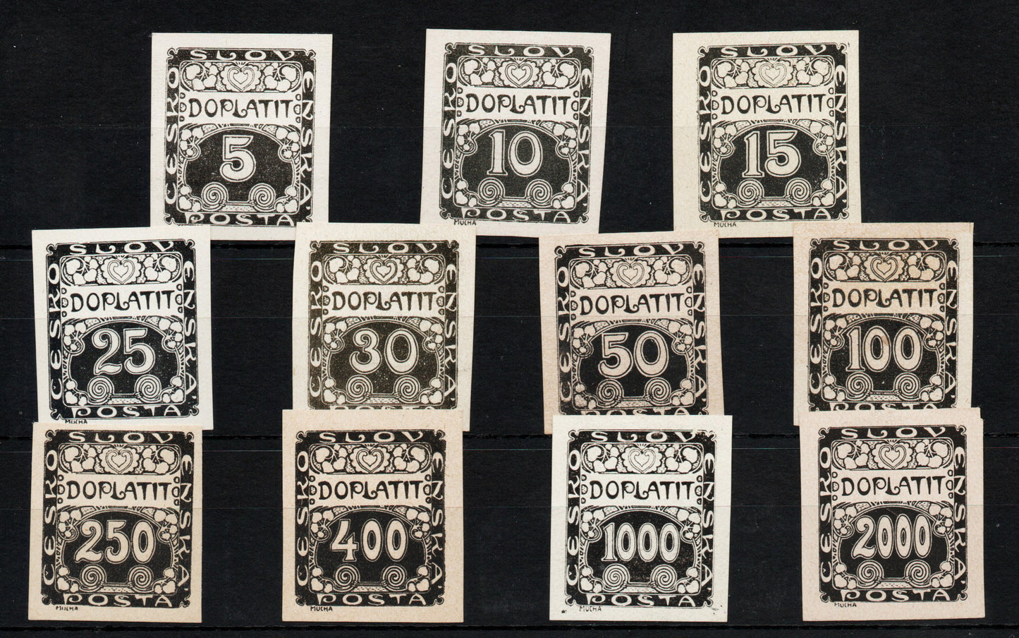 1919 Czechoslovakia Set of 11 Postage Due Imperf Proofs in Black on Ungummed Paper. Mounted Mint