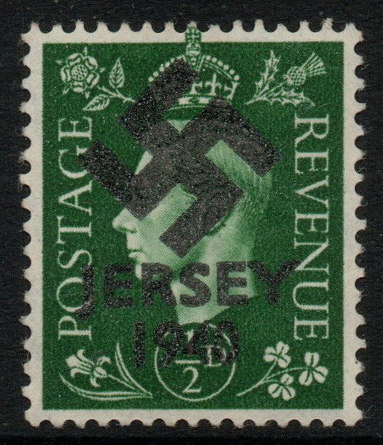 Jersey 1940 Swastika opt on Great Britain KG6 1/2d green produced during the German Occupation but unissued due to local feelings. This is a copy of the overprint on a genuine stamp with forgery handstamped on the back, unmounted ……Details Below