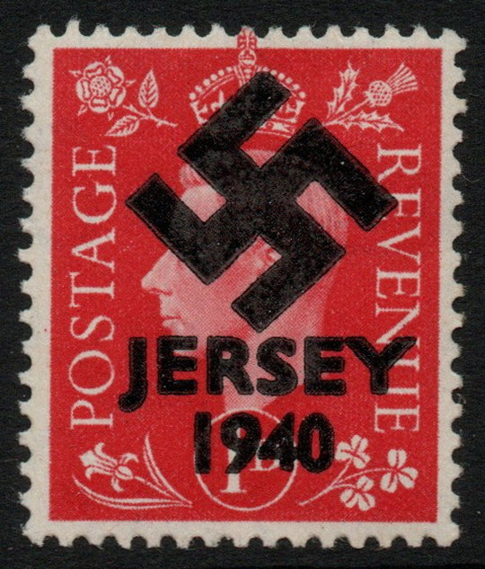 Jersey 1940 Swastika opt on GB Great Britain KG6 1d scarlet - a copy of the overprint on a genuine stamp with forgery handstamped on the back, …Details Below