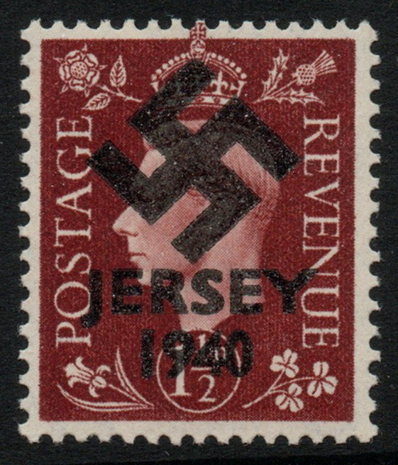 Jersey 1940 Swastika opt on Great Britain KG6 1.5d brown produced during the German Occupation but unissued due to local feelings. This is a copy of the overprint on a genuine stamp with forgery handstamped on the back, unmounted ……Details Below