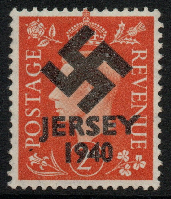 Jersey 1940 Swastika opt on Great Britain KG6 2d orange produced during the German Occupation but unissued due to local feelings. This is a copy of the overprint on a genuine stamp with forgery handstamped on the back, unmounted m……Details Below