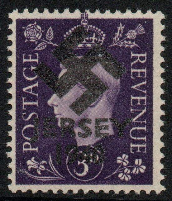 Jersey 1940 Swastika opt on GB GB Great Britain KG6 3d violet produced during the German Occupation but unissued due to local feelings. This is a copy of the overprint on a genuine stamp with forgery handstamped on the back, unmou……Details Below