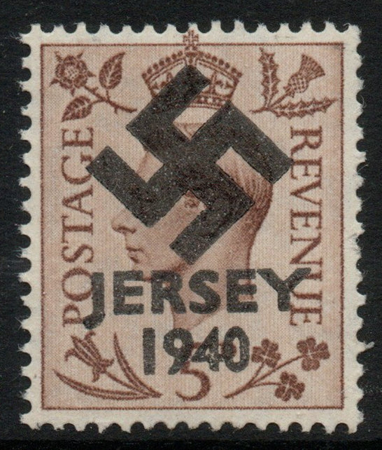 Jersey 1940 Swastika opt on Great Britain KG6 5d brown produced during the German Occupation but unissued due to local feelings. This is a copy of the overprint on a genuine stamp with forgery handstamped on the back, unmounted mi……Details Below