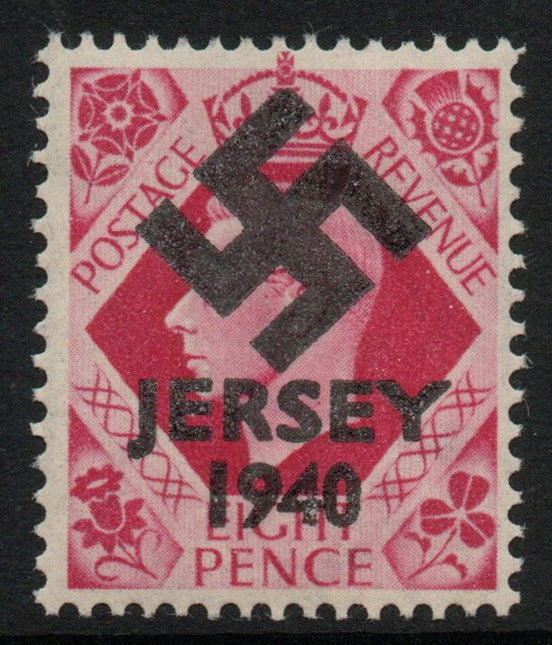 Jersey 1940 Swastika opt on Great Britain KG6 8d brt carmine produced during the German Occupation but unissued due to local feelings. This is a copy of the overprint on a genuine stamp with forgery handstamped on the back, unmoun……Details Below