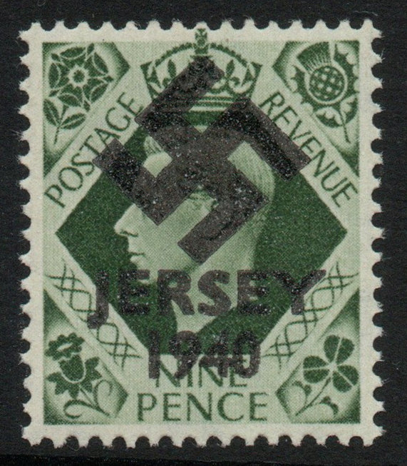 Jersey 1940 Swastika opt on GB GB Great Britain KG6 9d deep olive-green produced during the German Occupation but unissued due to local feelings. This is a copy of the overprint on a genuine stamp with forgery handstamped on the b……Details Below