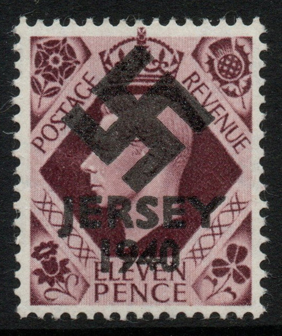 Jersey 1940 Swastika opt on Great Britain KG6 11d plum - a copy of the overprint on a genuine stamp with forgery handstamped on the back, unmounted mint in presentation folder.,Note this value was not available in 1940 but is incl……Details Below