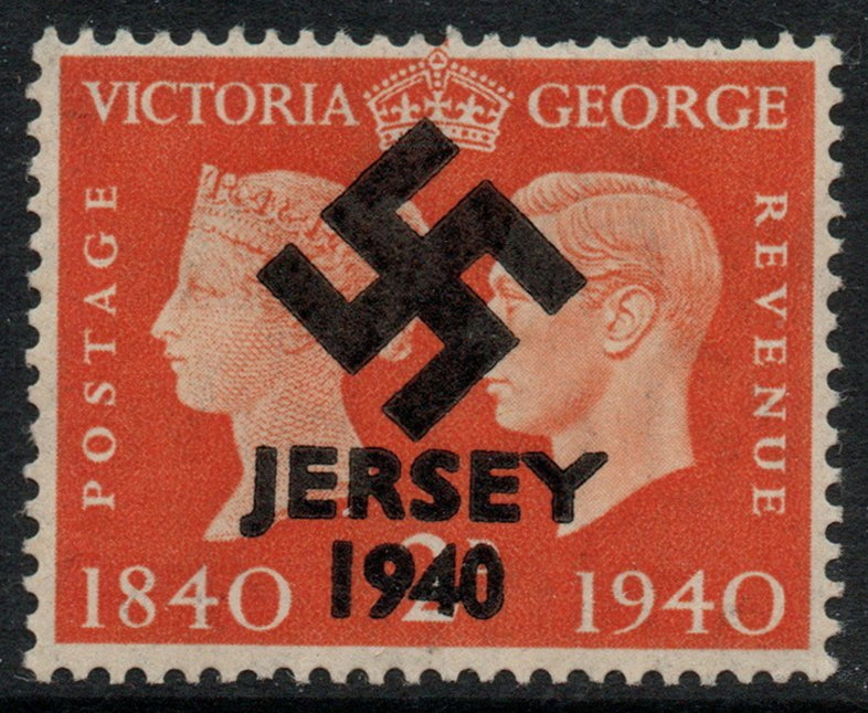 Jersey 1940 Swastika opt on GB GB Great Britain KG6 Centenary 2d produced during the German Occupation but unissued due to local feelings. This is a copy of the overprint on a genuine stamp with forgery handstamped on the back, on presentation card.