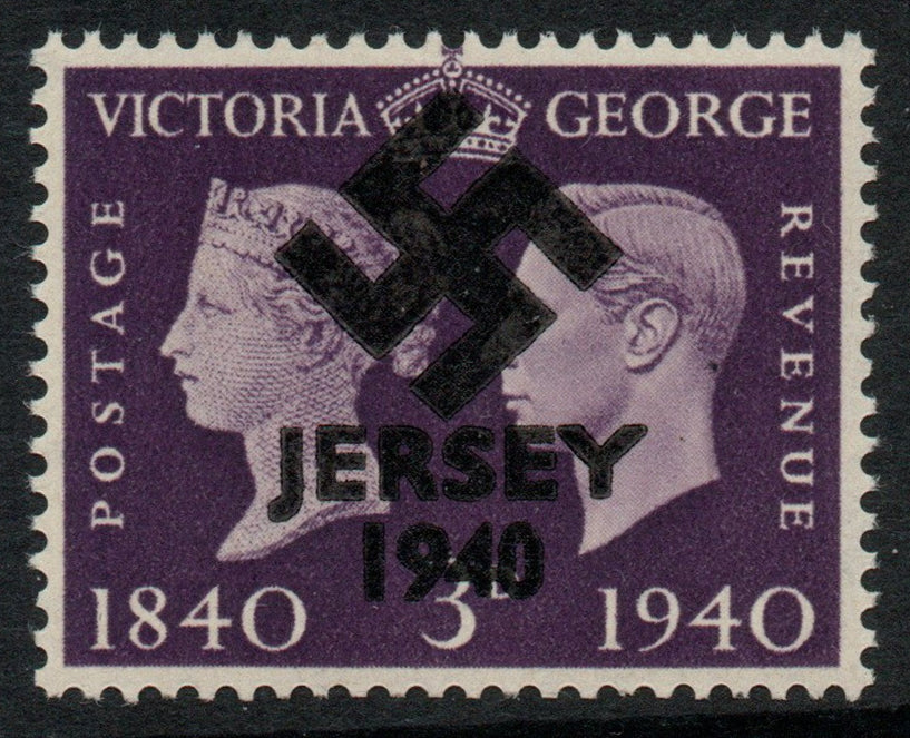 Jersey 1940 Swastika opt on Great Britain KG6 Centenary 3d produced during the German Occupation but unissued due to local feelings. This is a copy of the overprint on a genuine stamp with forgery handstamped on the back, unmounte……Details Below