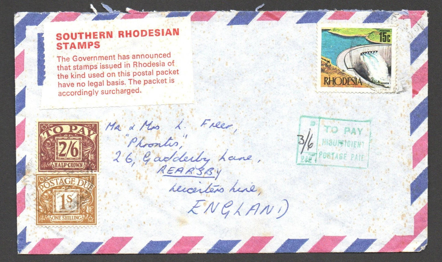 1970 Rhodesia Airmail to UK "Invalid Stamps" Label & To Pay in Green 3/6d