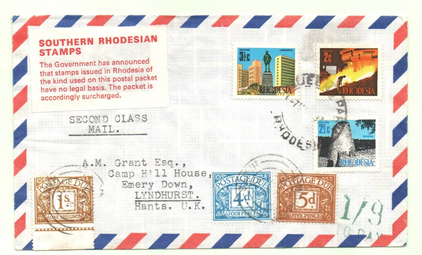 1970 Rhodesia Airmail to UK "Invalid Stamps" Label & To Pay in Green 1/9d