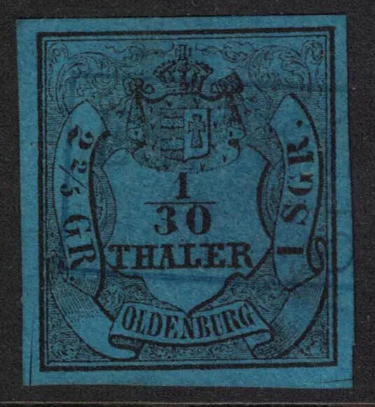 1852 Germany/Oldenburg SG2 1/30 Thaler Blue VFU Scarce this fine