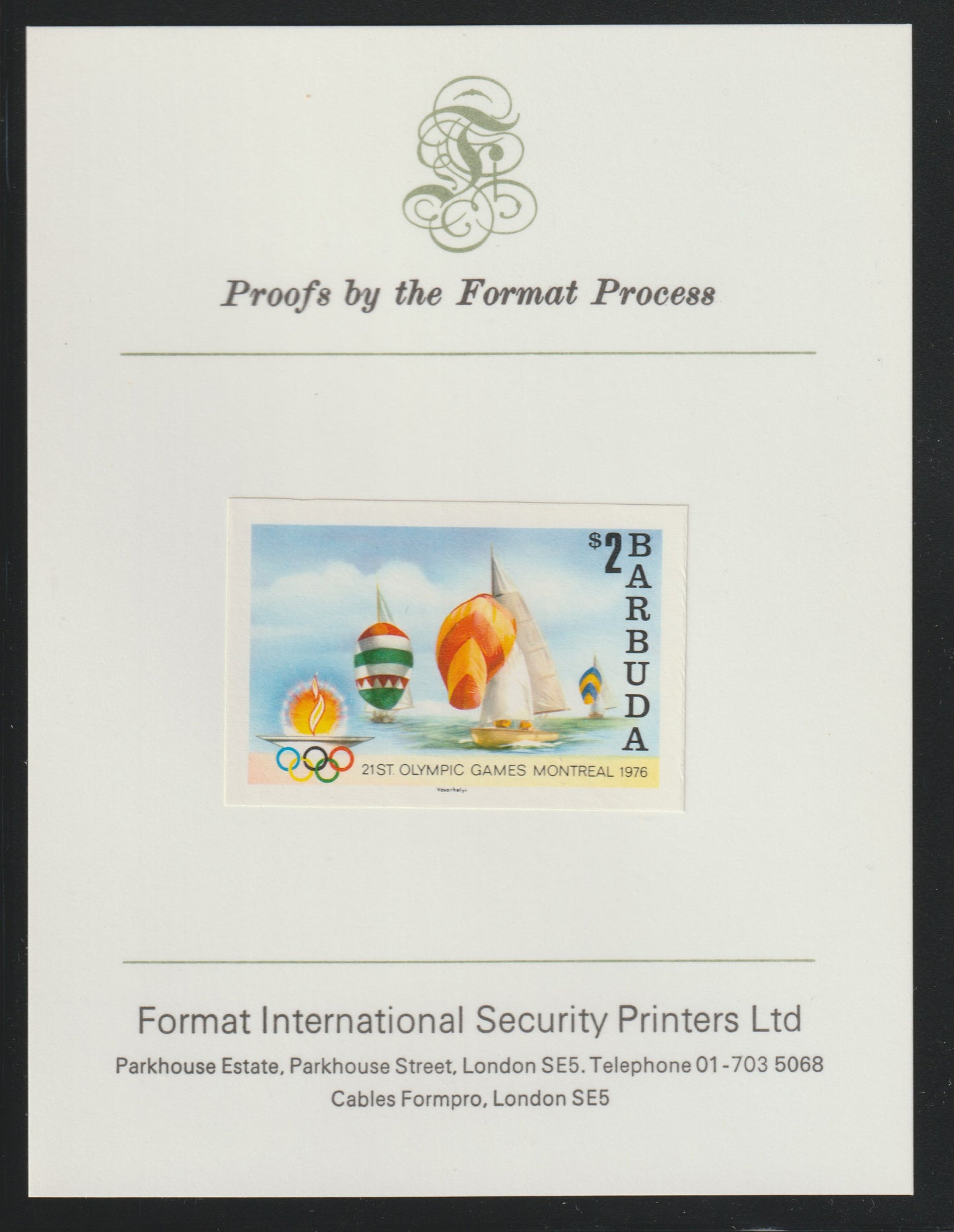 Barbuda 1976 Montreal Olympic Games imperf proof of UNISSUED $2 (Sailing) stamp size in full colour mounted on Format Proof (23855)