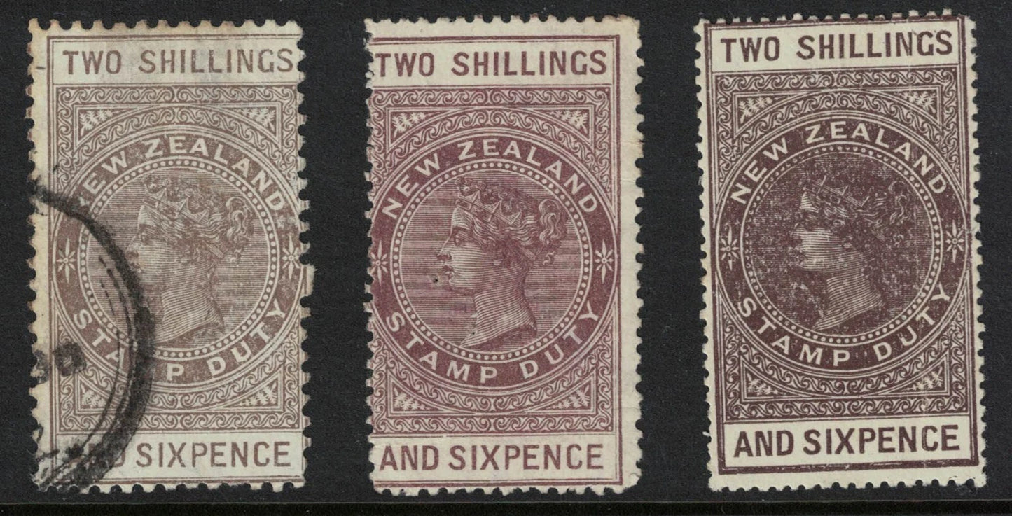 1882 New Zealand 3 x SGF 99 2/6d Brown Distinct Shades Long Fiscal stamps