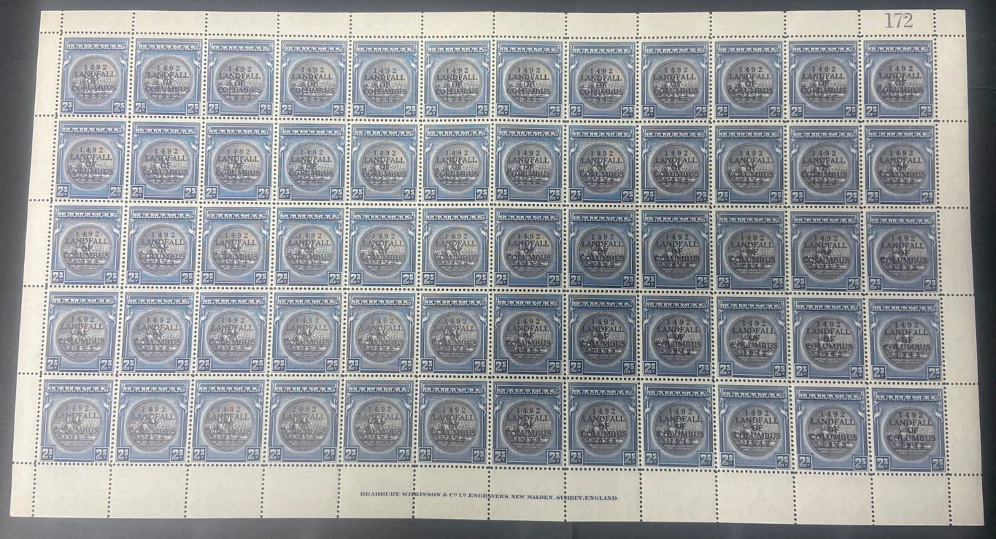 1942 Bahamas Landfall of Columbus Overprint 2/- SG172 FULL SHEET Unmounted
