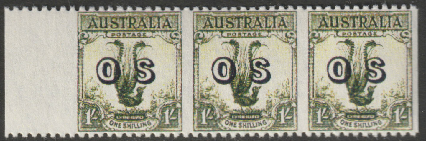 Australia 1932 Lyre Bird 1s opt'd OS horiz strip of 3 with vert perfs omitted being a 'Hialeah' forgery on gummed paper