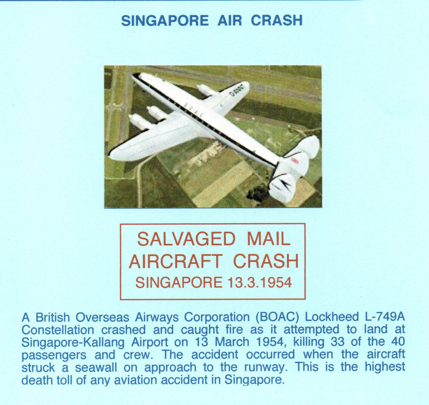 1954 Crash Mail BOAC Lockheed L-749A Melbourne- Exeter with "Salvaged Mail" Cachet