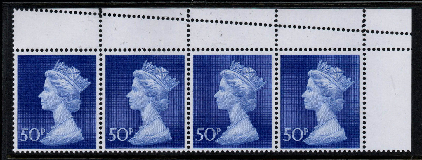 1972 GB Large Format Machin SG831 50p Ultramarine Strip of 4 Double Perforated in Margin U/M