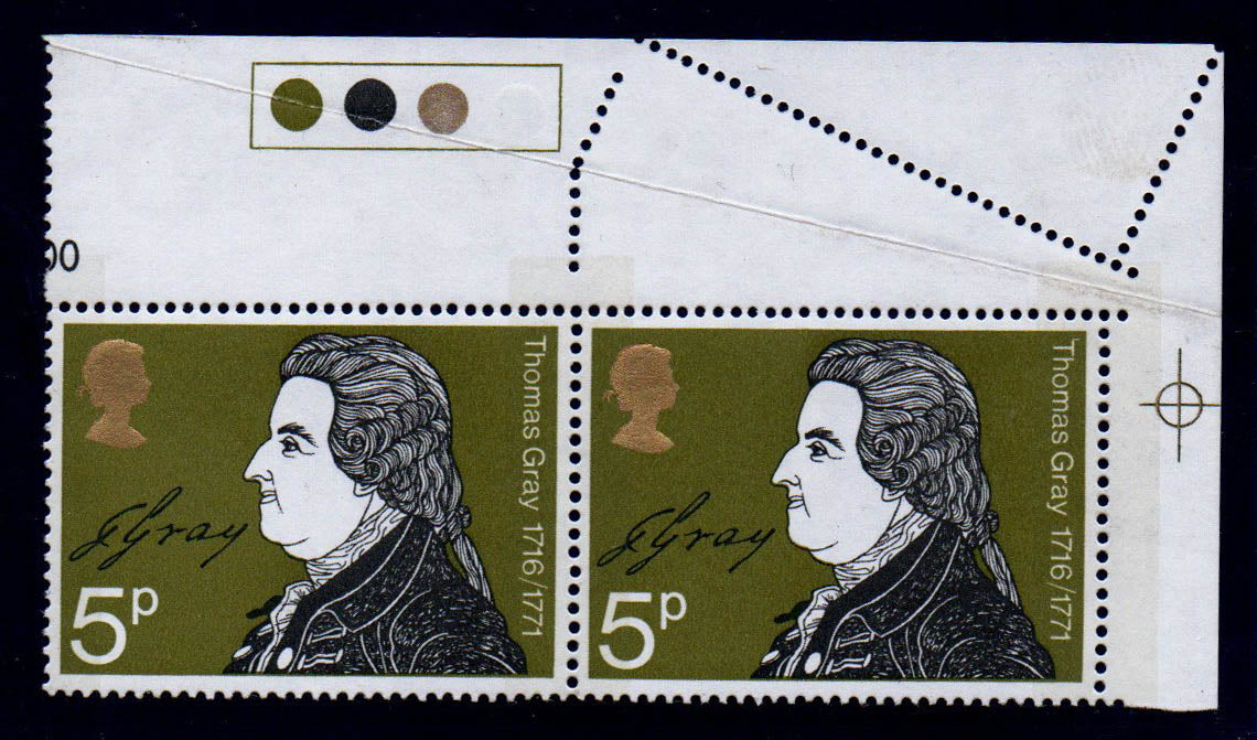 1971 GB SG885 5p Literary Anniversaries with Corner Fold resulting in wild perfs U/M