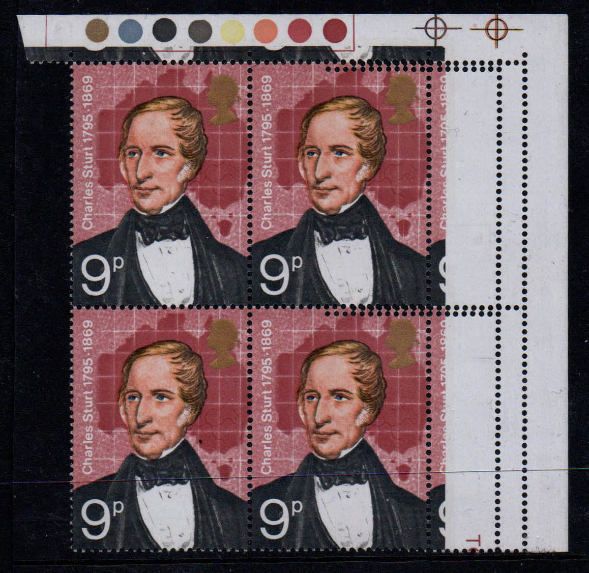 1973 GB SG927 9p Explorers Huge Perforation Comb jump. T/L Block of 4 U/M (A024)