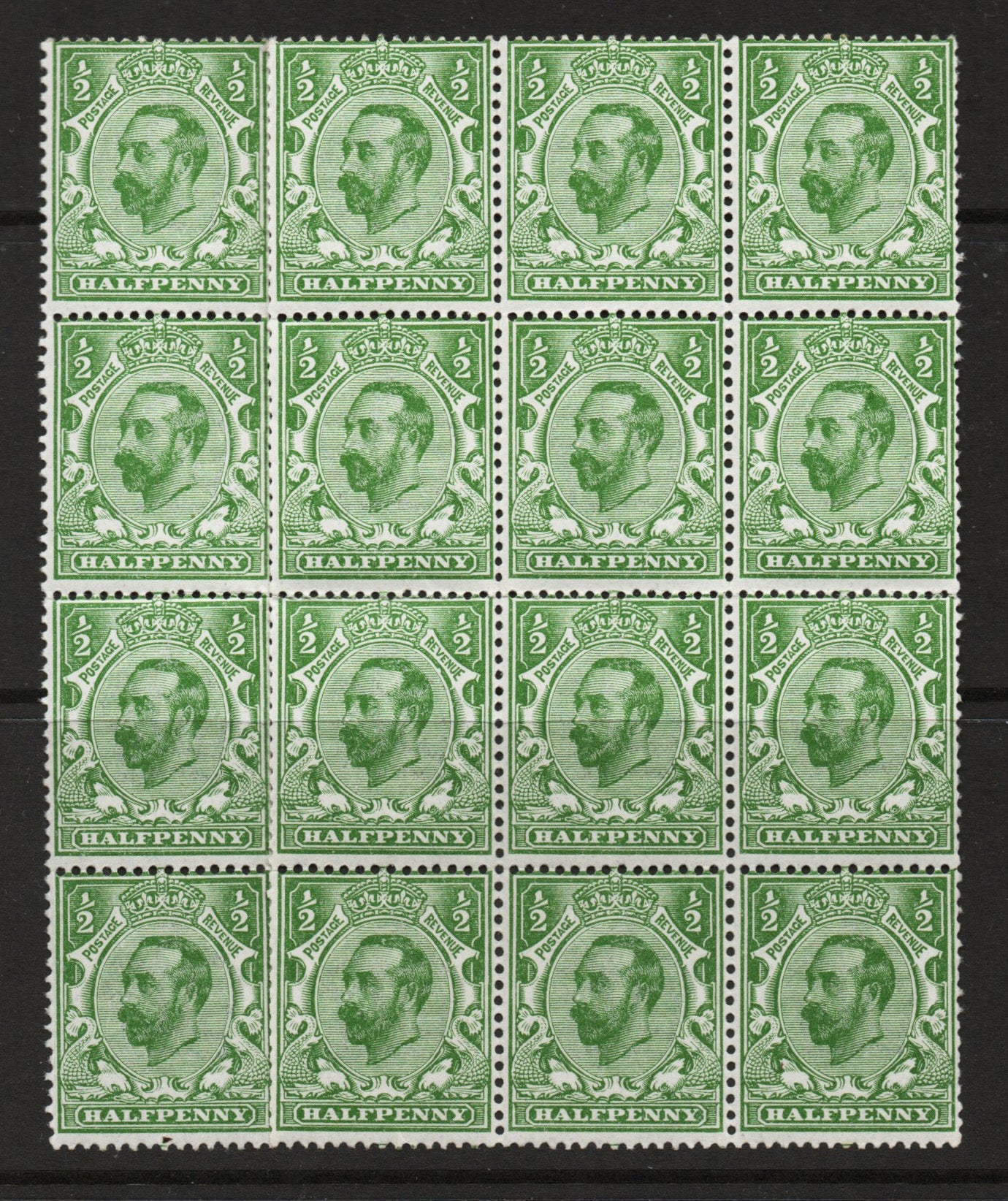1911 GB KGV SG322 ½d Green Imp Crown Wmk Block of 16 all U/M