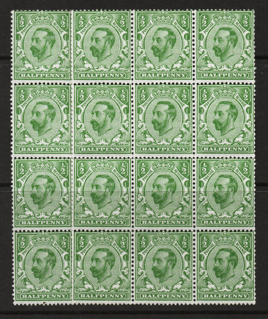 1911 GB KGV SG322 ½d Green Imp Crown Wmk Block of 16 all U/M