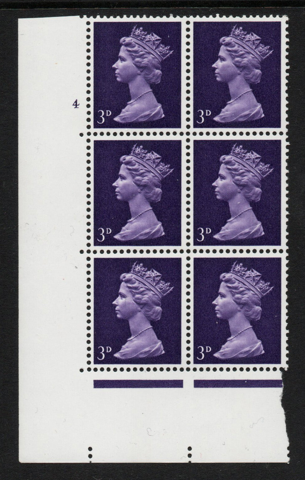 1967 GB QEII SG729 3d Violet 1 CB Cyl 4 no dot Block of 6 U/M