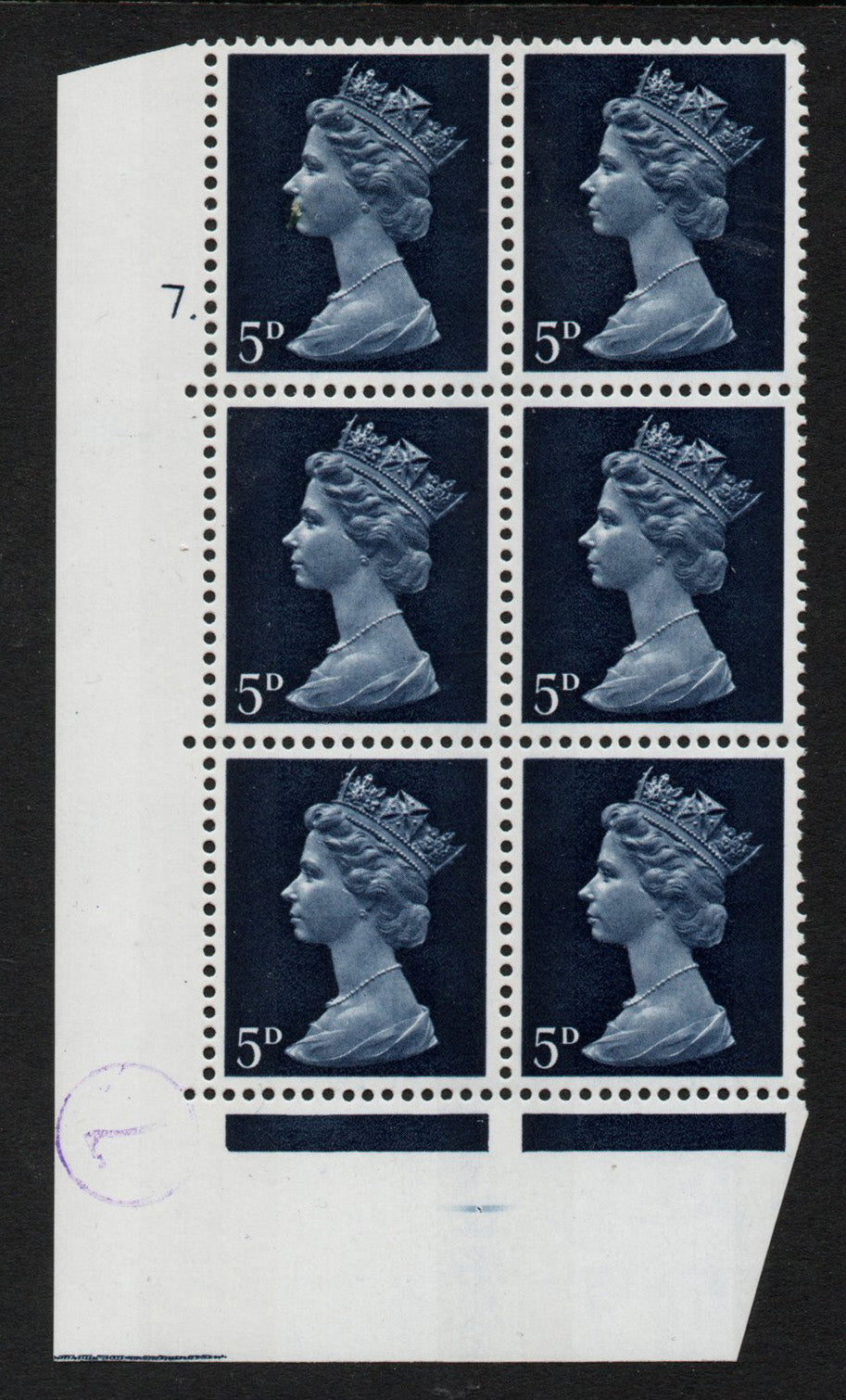 1967 GB QEII SG735 5d Royal Blue 2 Bands Cyl 7 dot Block of 6 U/M